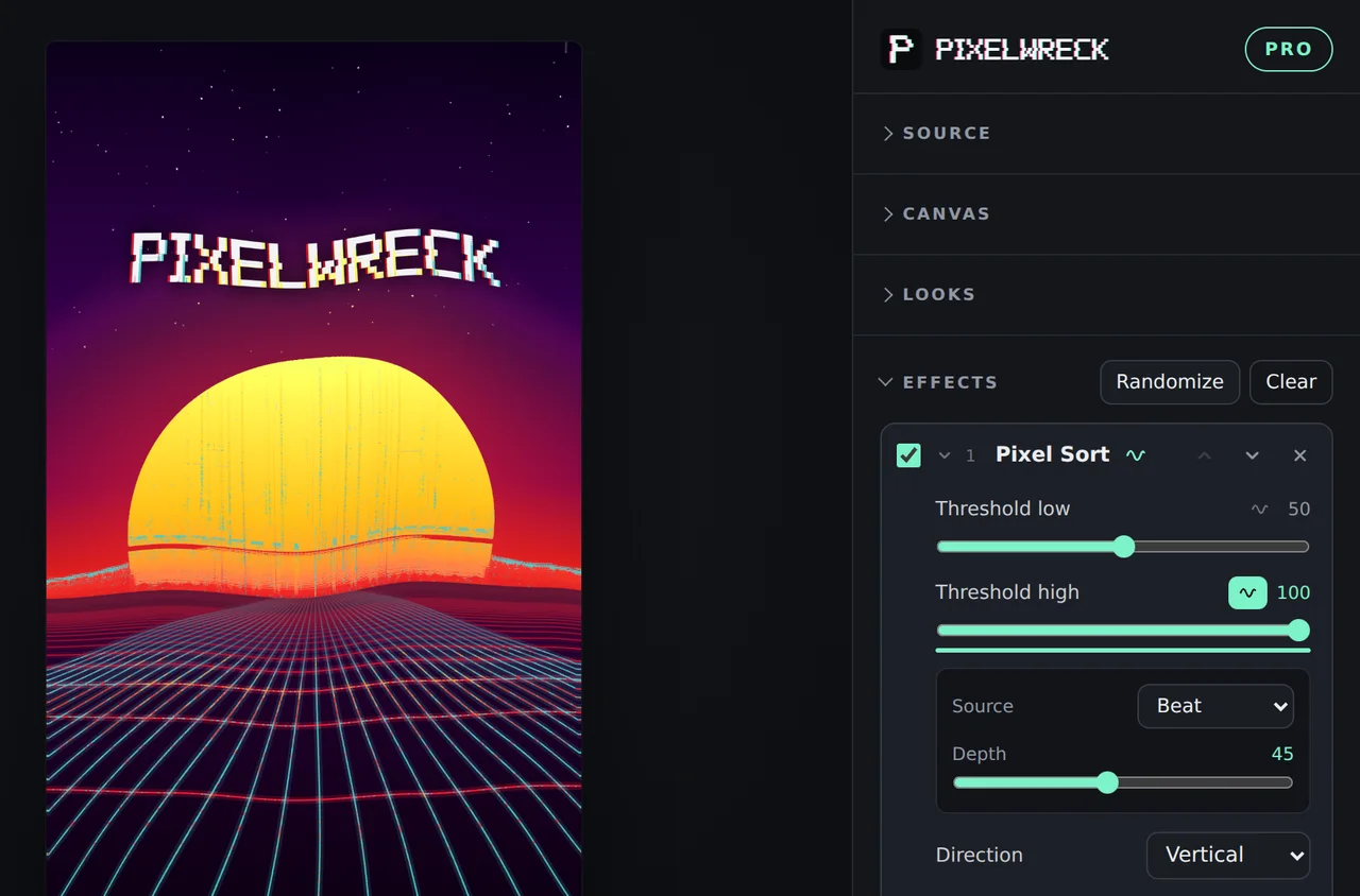 The Pixelwreck effects panel with stacked layers