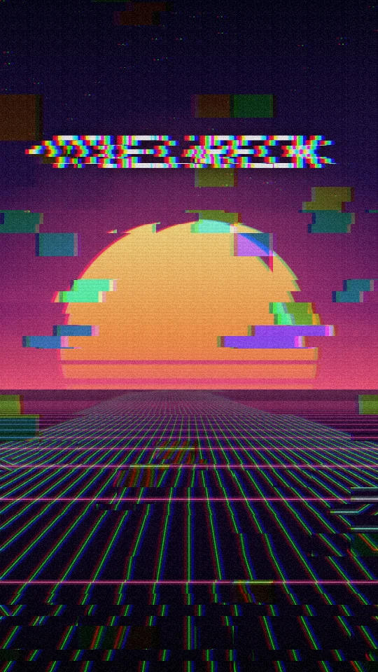 A neon sunset scene broken up by Pixelwreck glitch effects